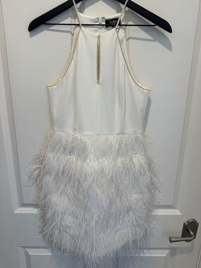 Parker White Feather-Trim Mini Dress With Embellishments